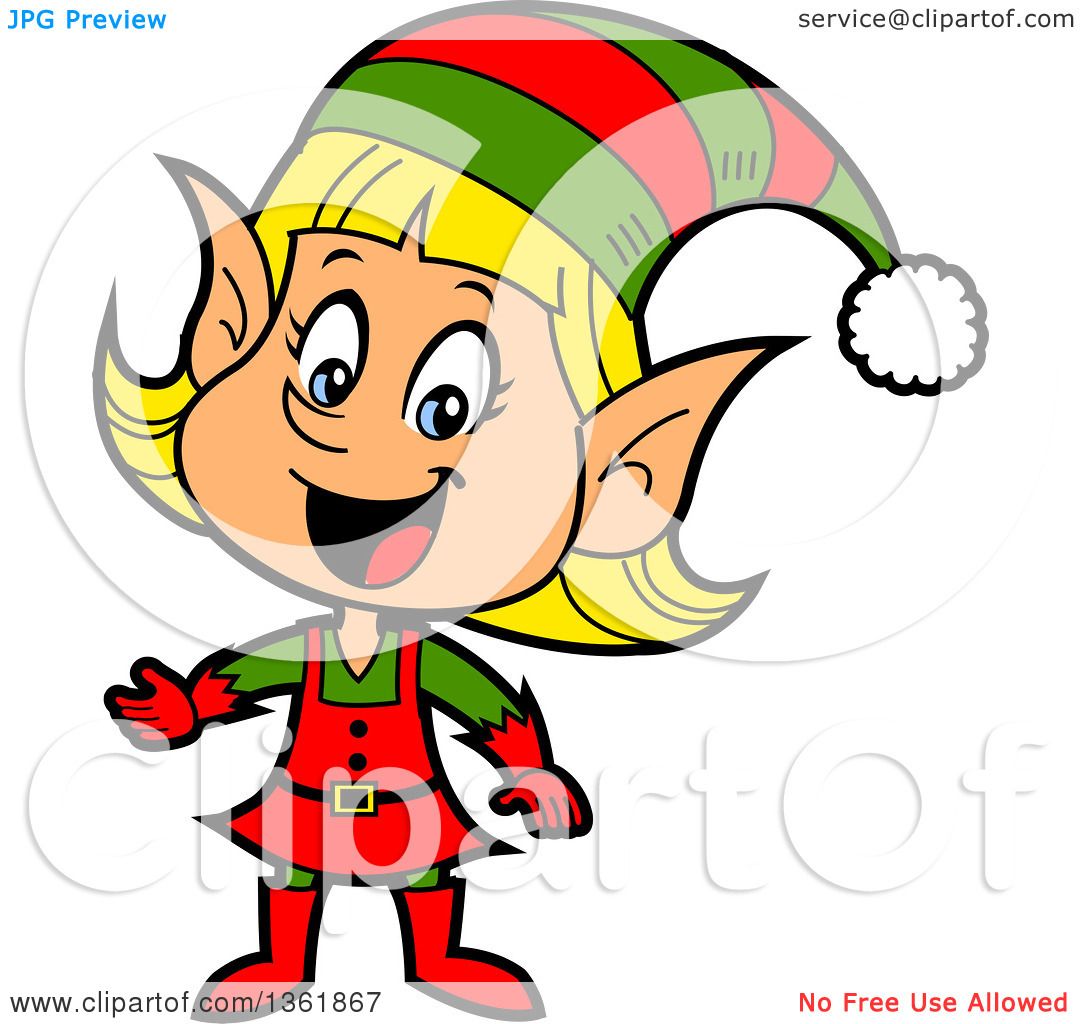 1080x1024 Clipart of a Cartoon Happy Presenting Female Christmas Elf