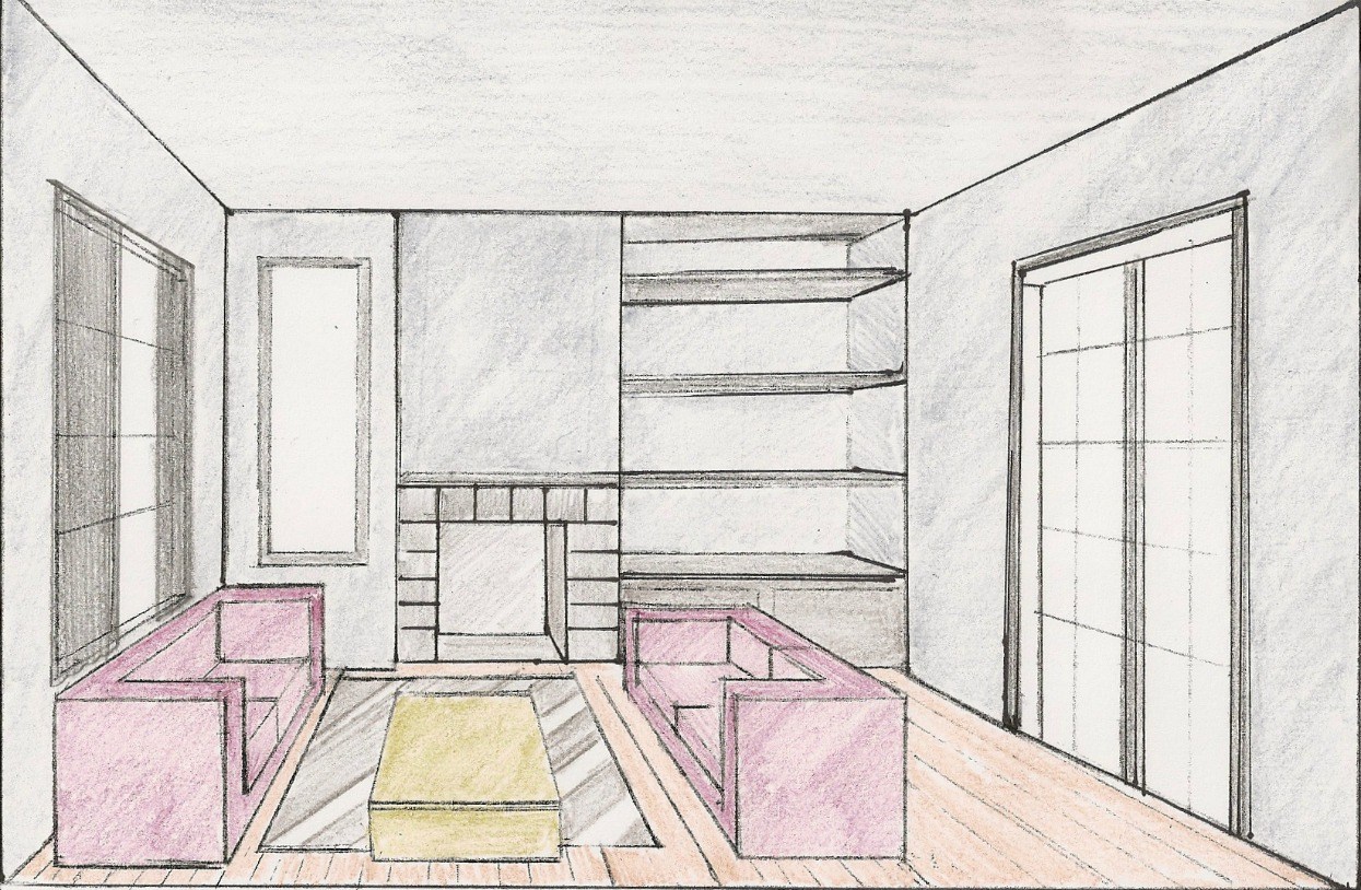 One Point Perspective Drawing Of Living Room