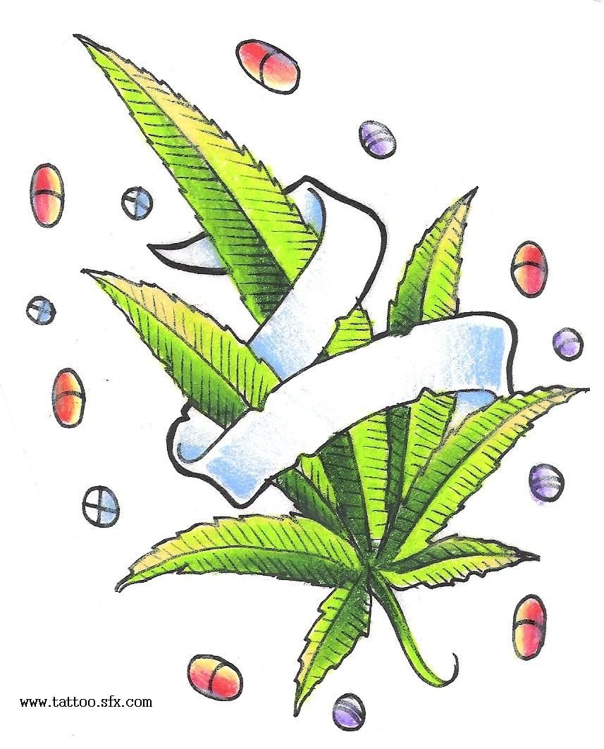 857x1063 Pot Leaf And Pills Tattoo Design Weed With Banner Yup.