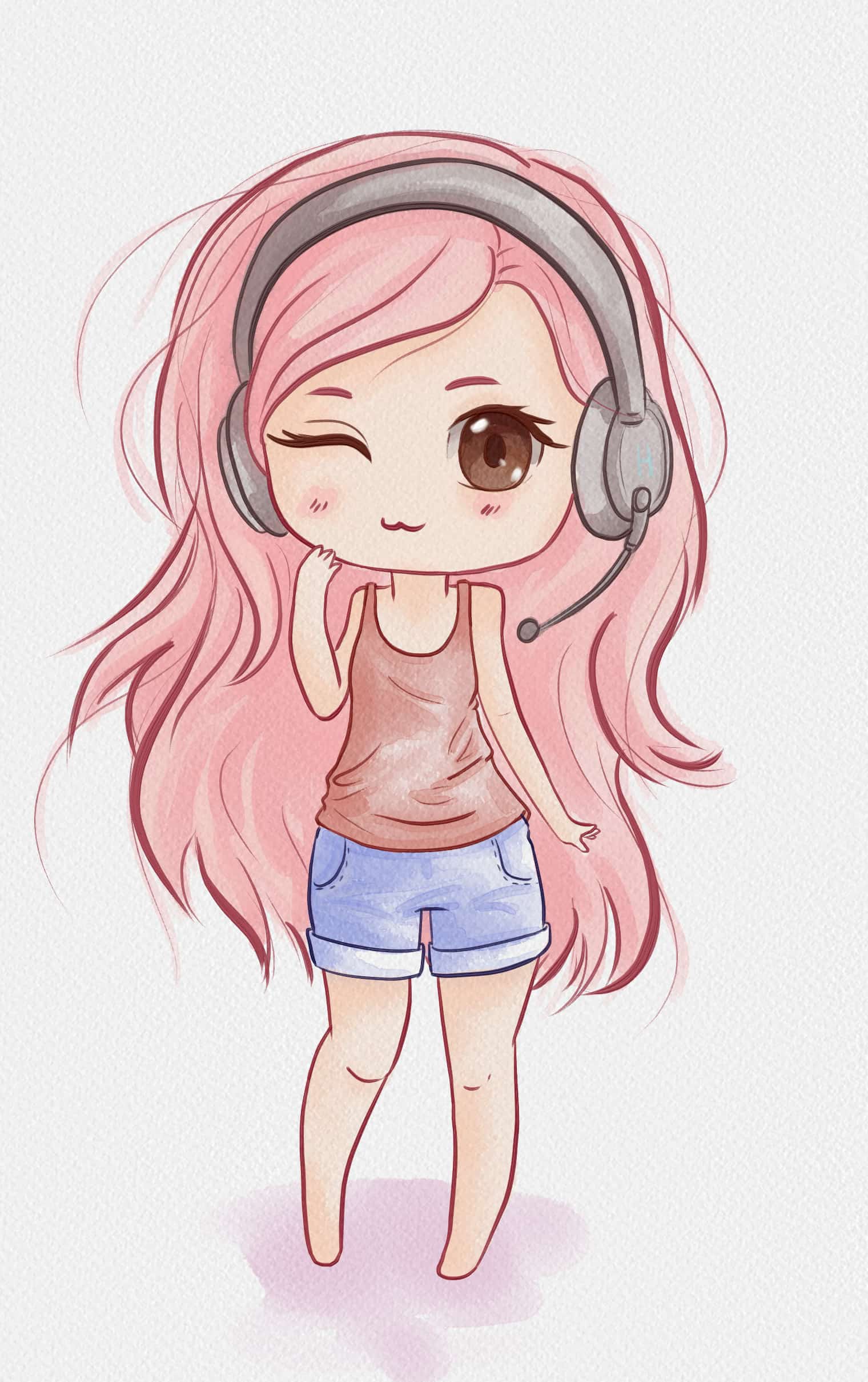 A cute drawing of a chibi girl with brown hair and a pink shirt.