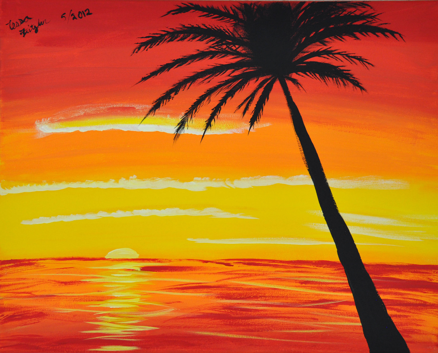 1209x1500 - Painting a colorful sunset with palm tree leaves silhouette, us...