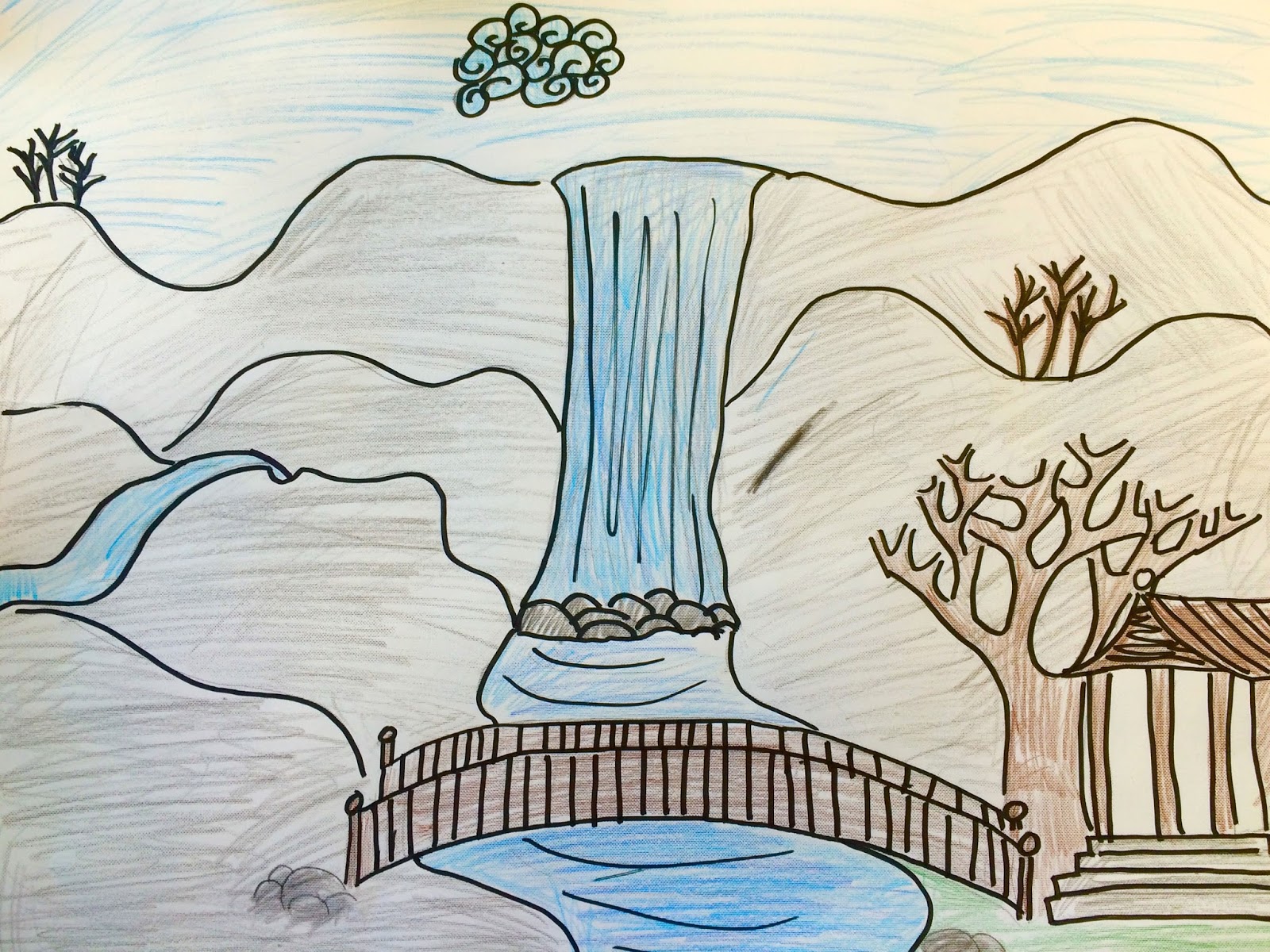 easy landscape waterfall drawing