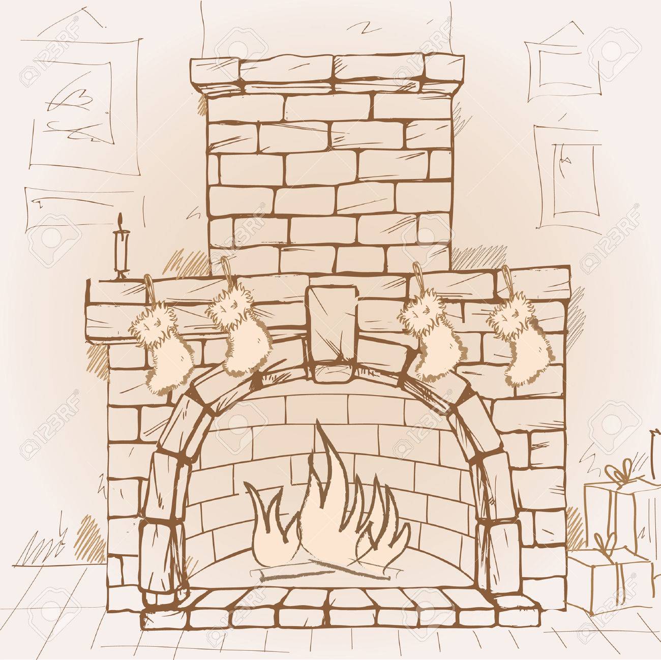 Fireplace Drawing With Stockings Free Wallpaper