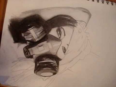 little girl wearing gas mask drawing
