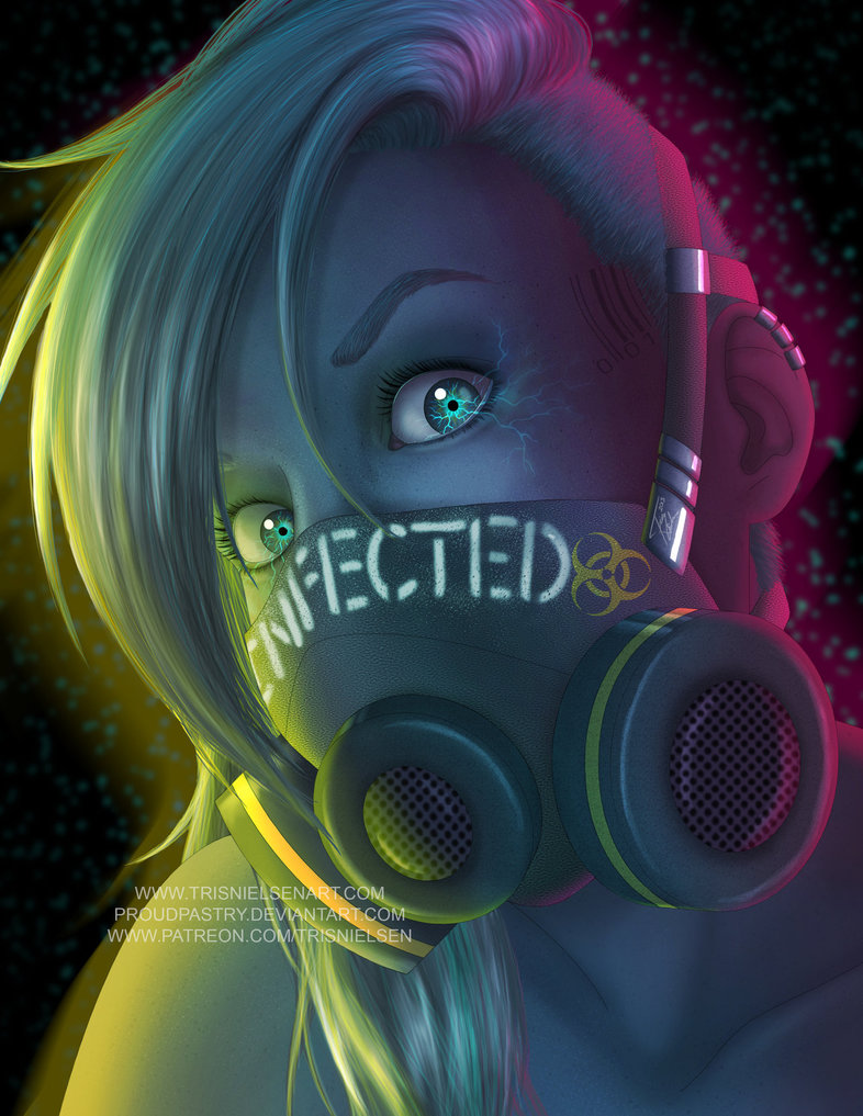 little girl wearing gas mask drawing