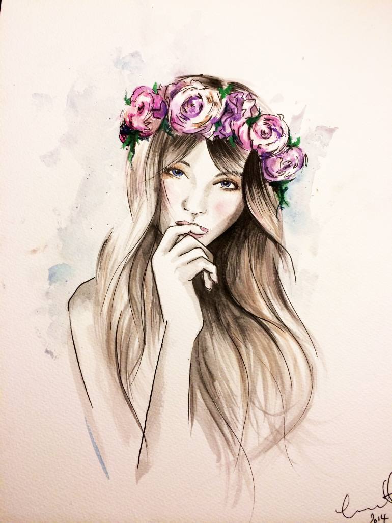 Girl With Flowers In Her Hair Drawing at GetDrawings Free download