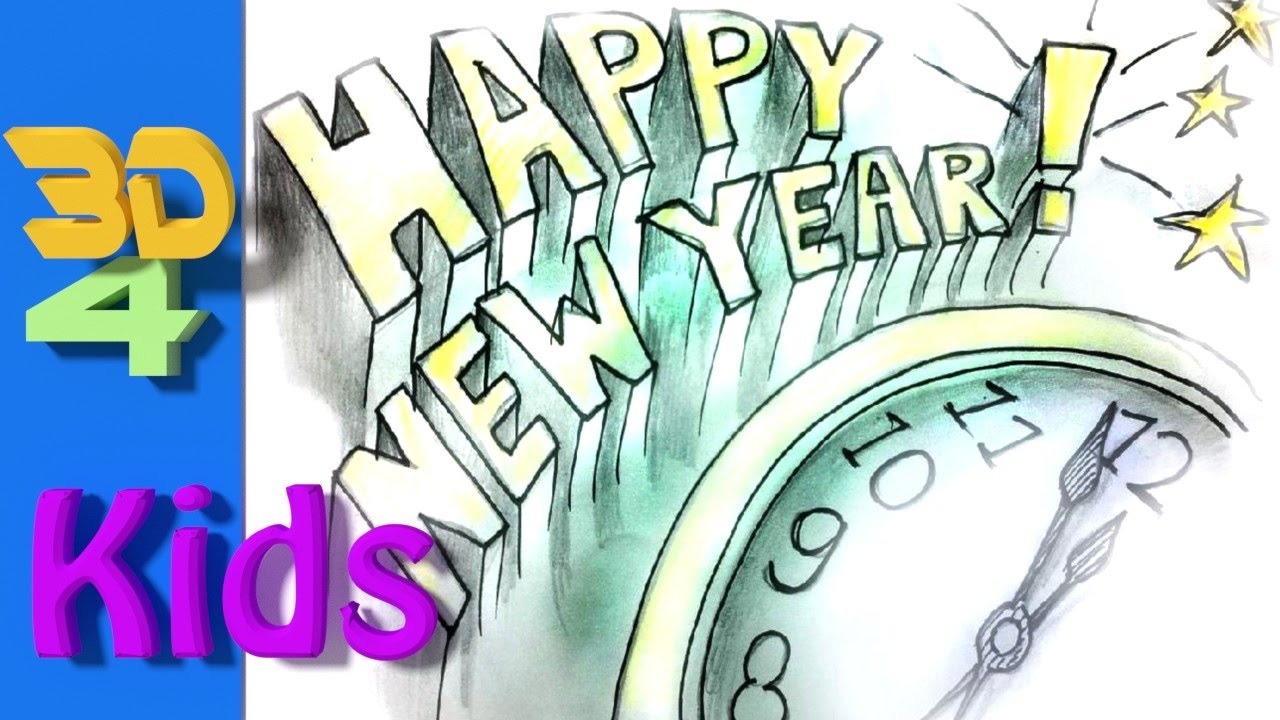 Easy Handlettering drawing Happy New Year 2018 for kids step by