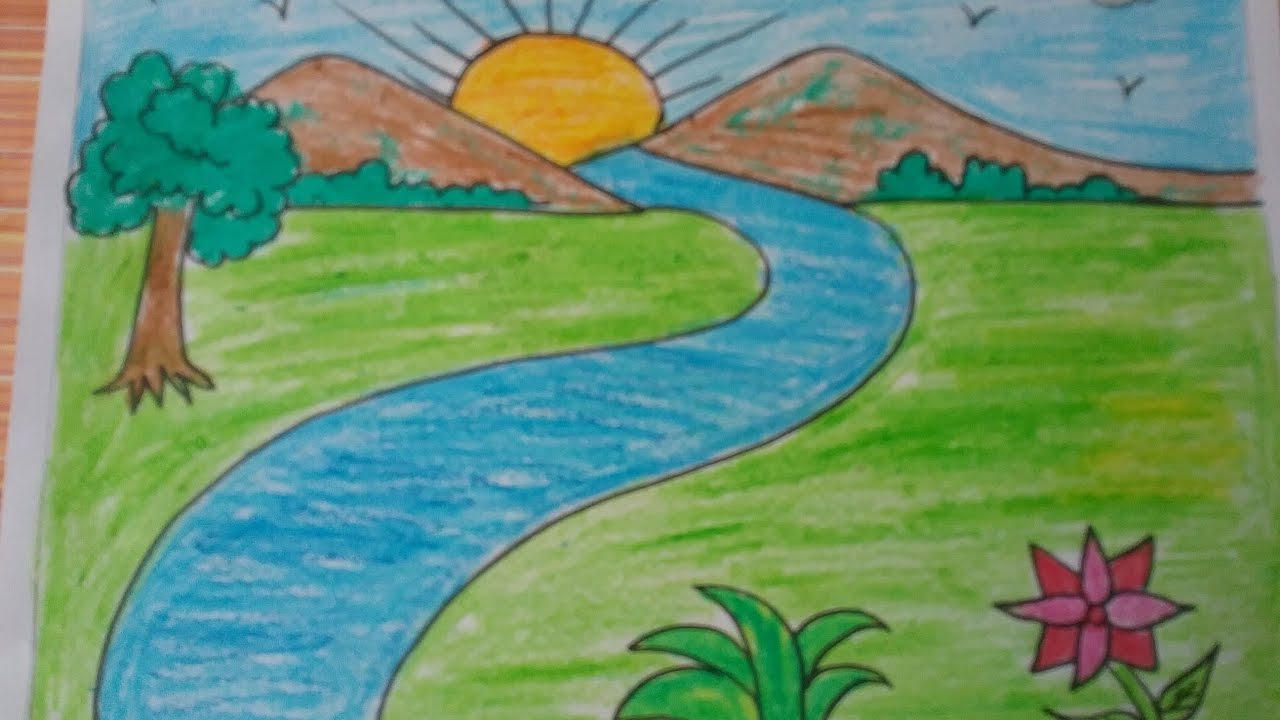 Simple Coloured Landscape Drawing / Copying a landscape drawing that