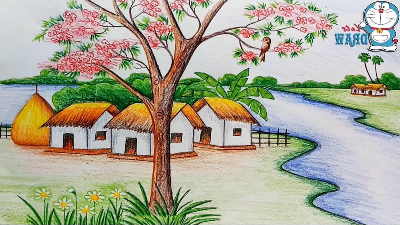 Beautiful Scenery Simple Drawing Of Nature With Colour