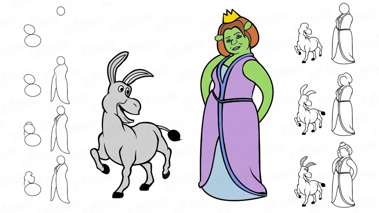 1300x731 How To Draw Fiona And Donkey From The Cartoon About Shrek.