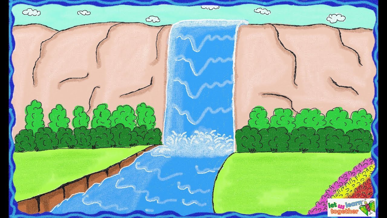 easy waterfall drawing colored