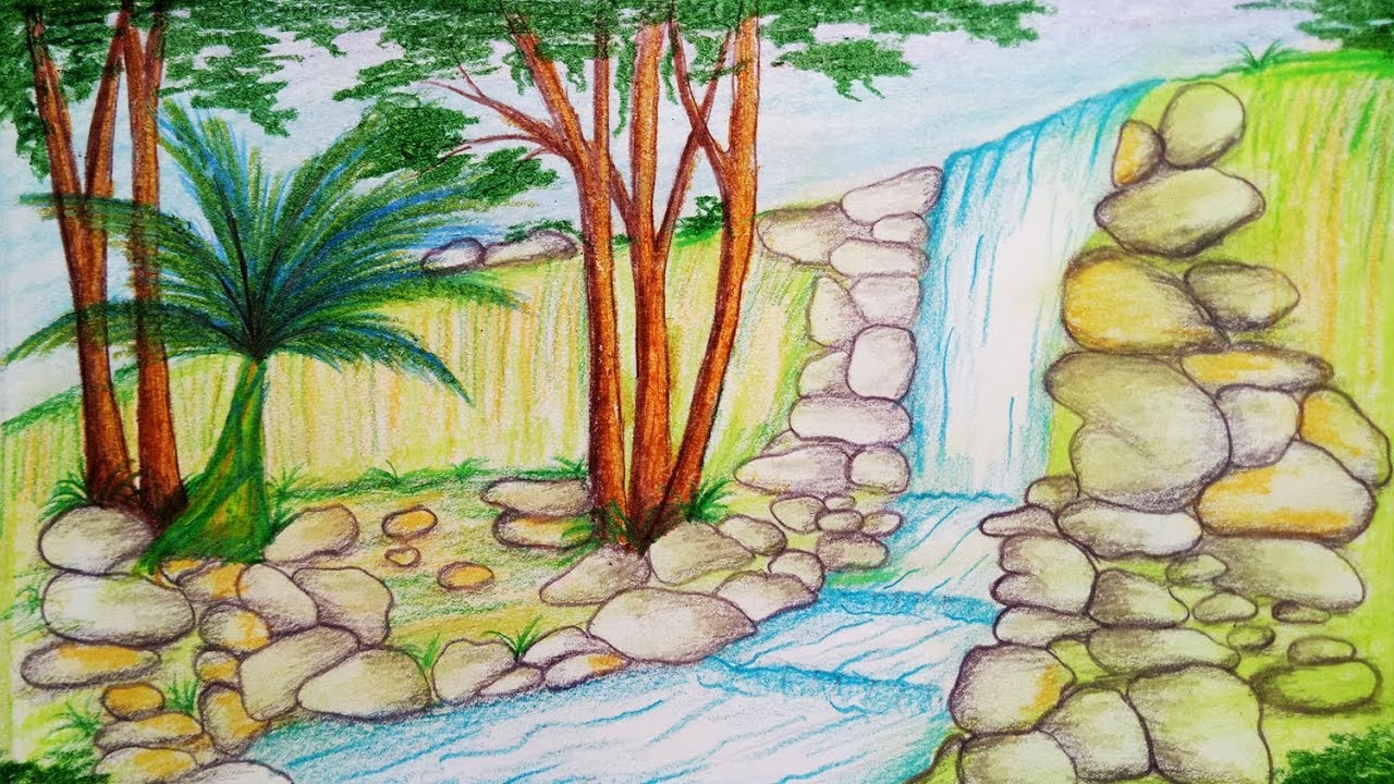 house on waterfall drawing