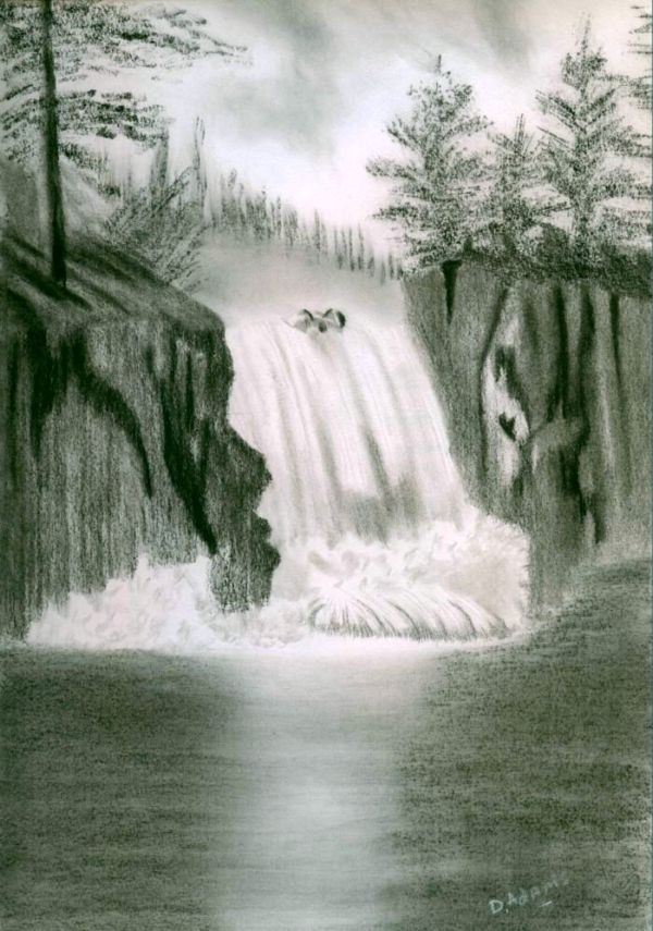 Waterfall Beautiful Scenery Drawing With Pencil Colour Musadodemocrata