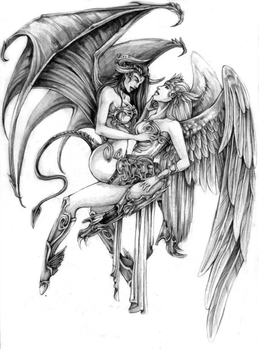 900x1214 Grey Ink Angel And Devil Tattoo Design By Joshua.