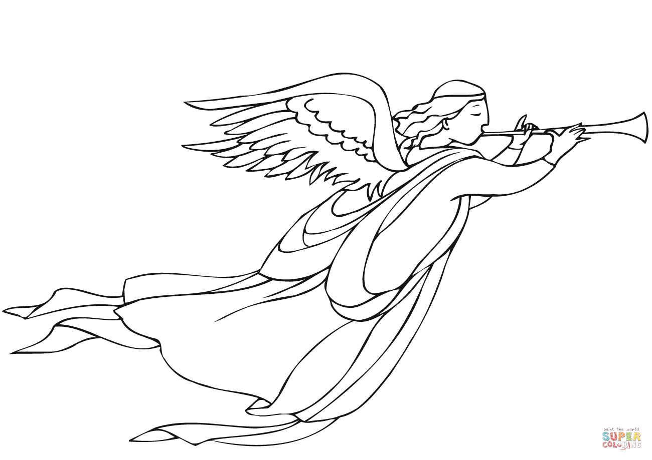 1300x919 Christmas Angel with Trumpet coloring page Free Printable