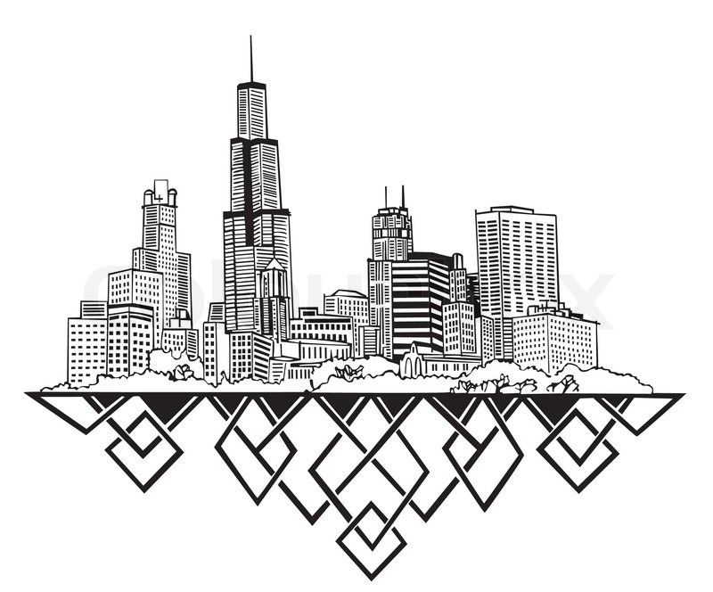 City Skyline Drawing : Drawing Of City Skyline On White Background