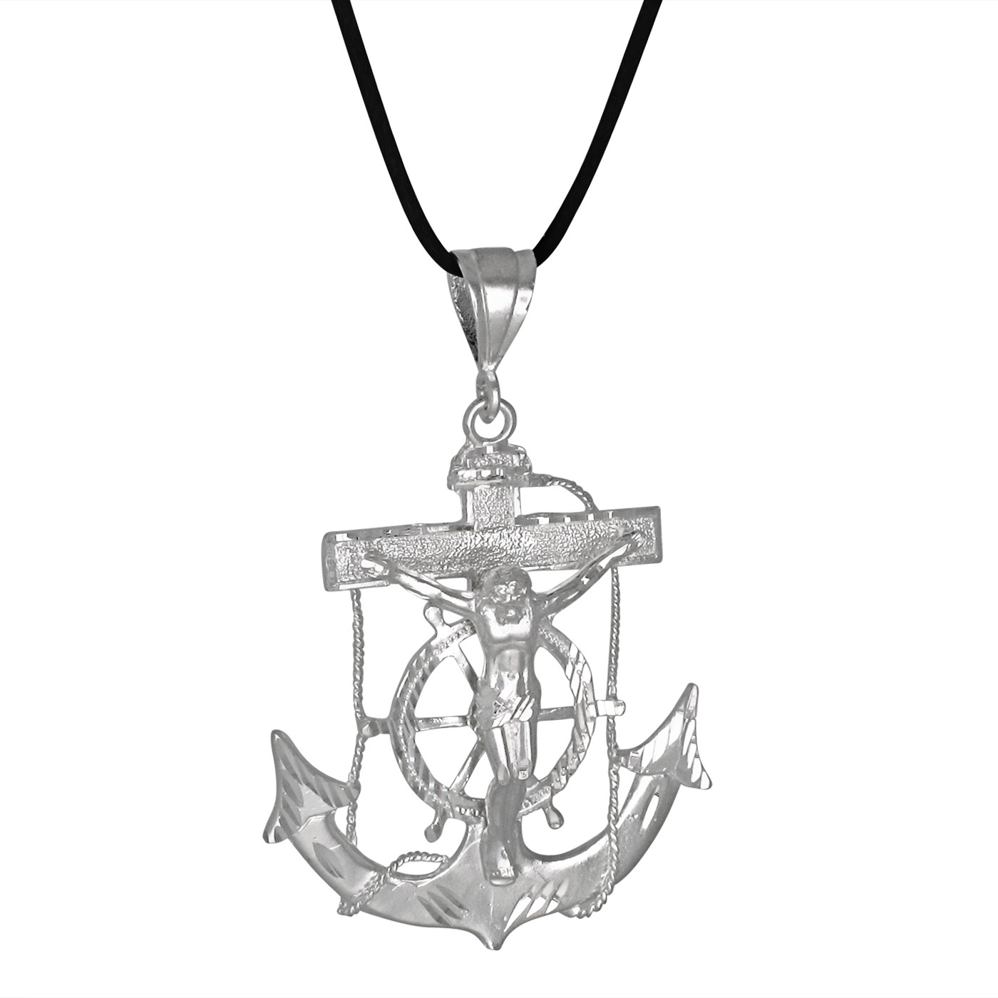 Sterling Silver Anchor Cross with Jesus Charm Pendant Necklace with Diamond Cuts