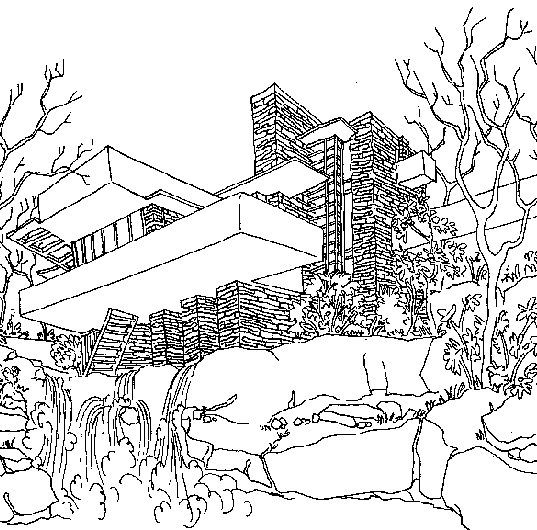 house on waterfall drawing