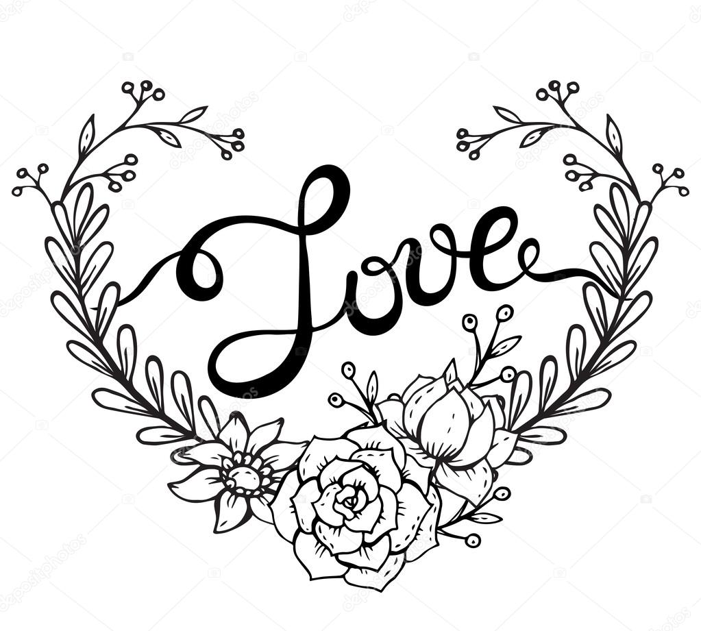 1023x921 Hand Lettering Word Love With Floral Wreath In Heart Form Stock