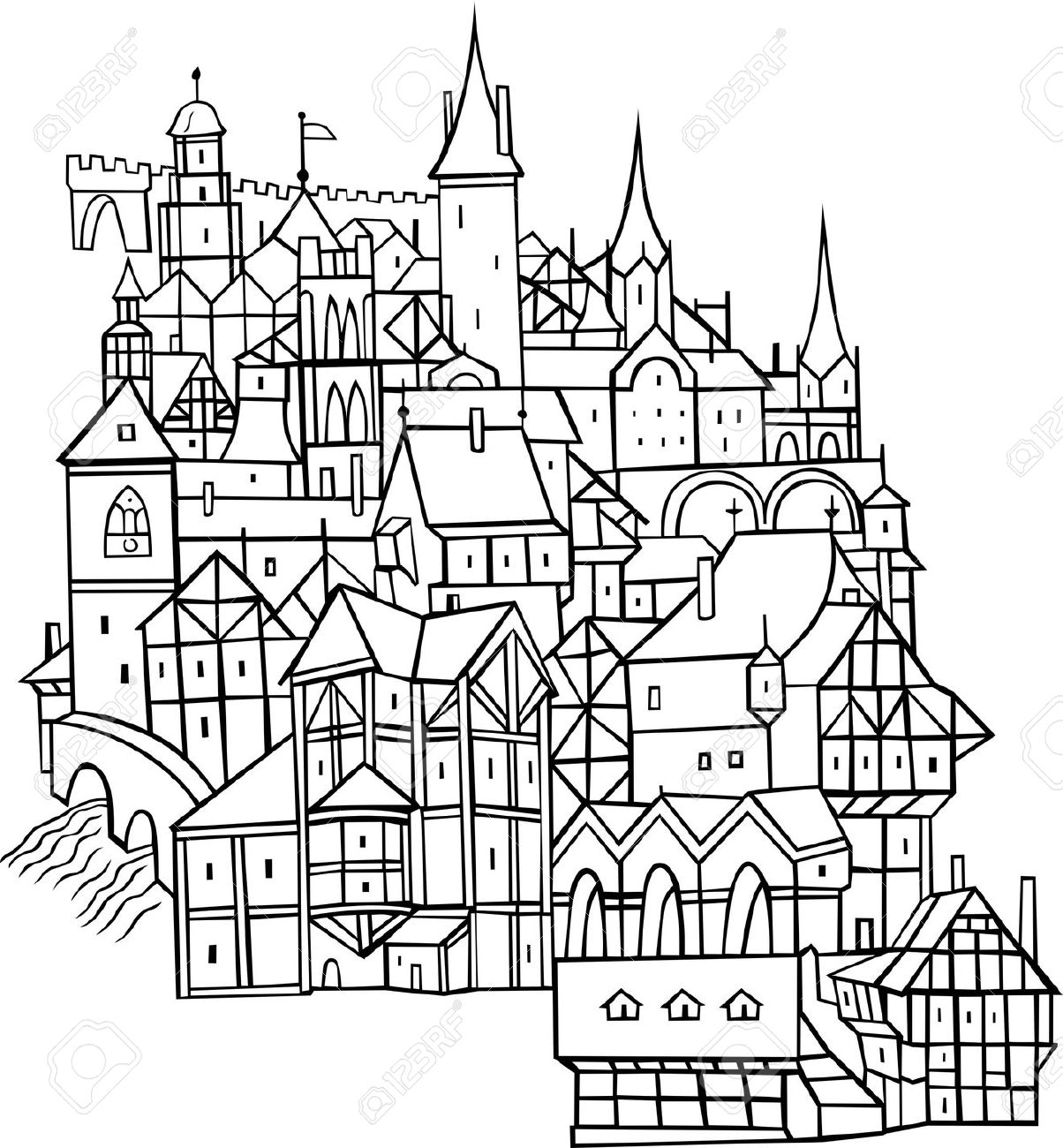 medieval town drawing easy