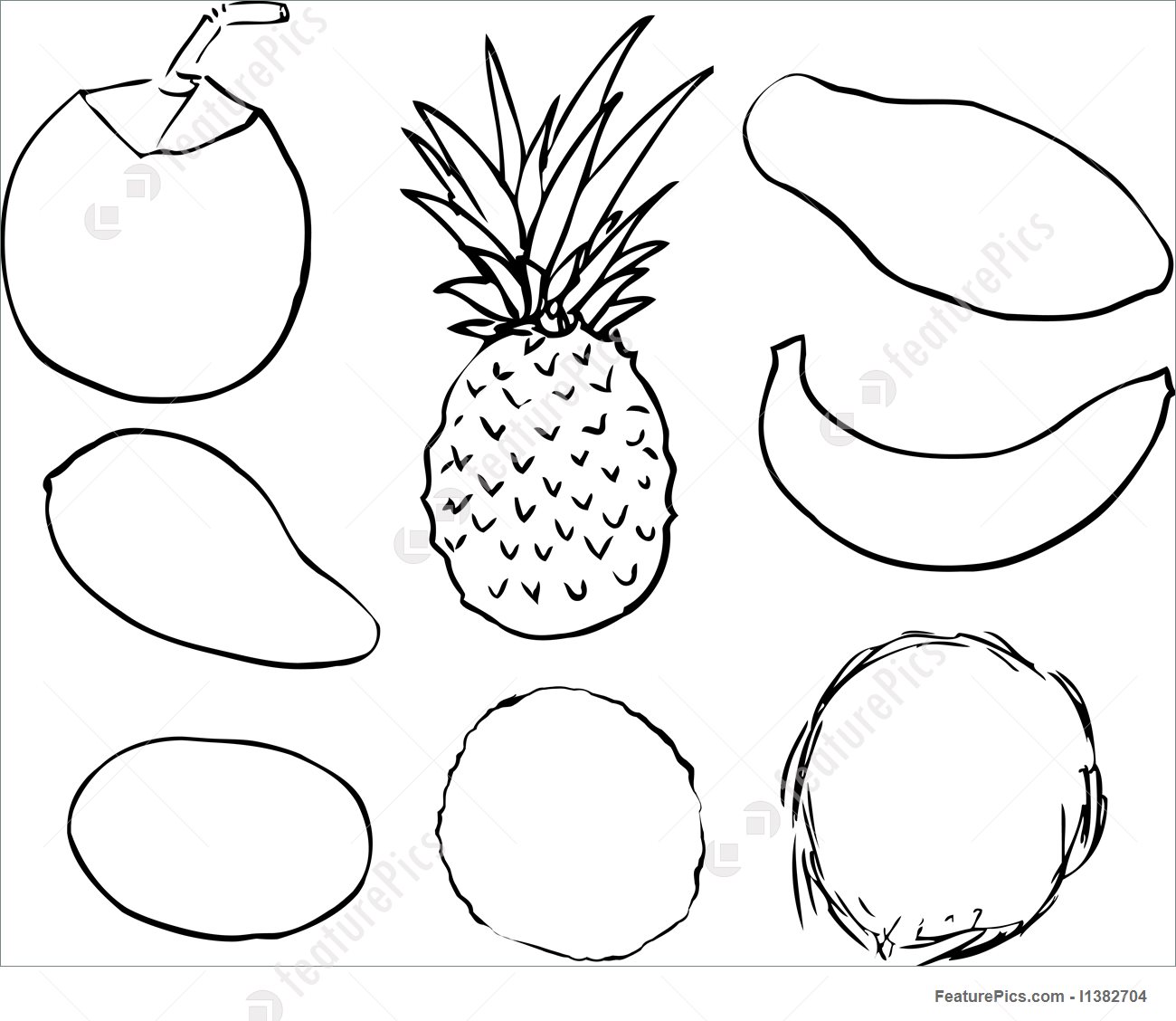 Раскраски фрукты ананас и Кокос