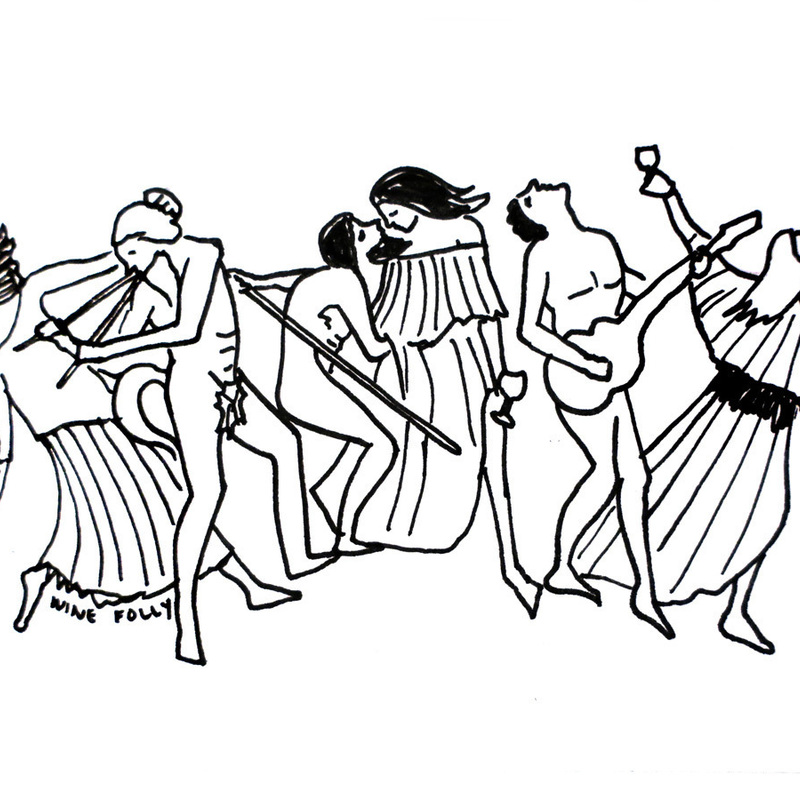 Graphic drawing of orgy from rome