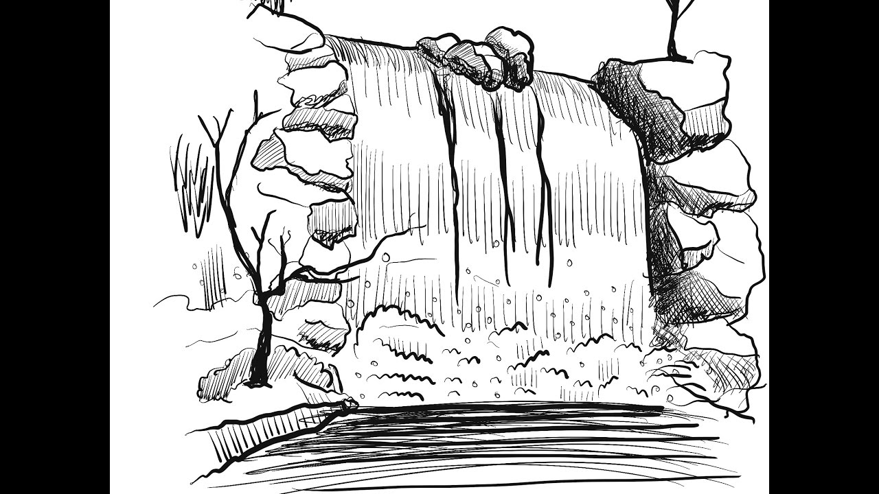cartoon waterfall drawing easy