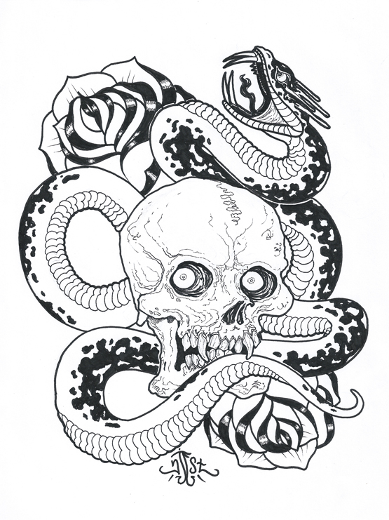 555x741 Skull And Snake Drawing By Njeststudio.