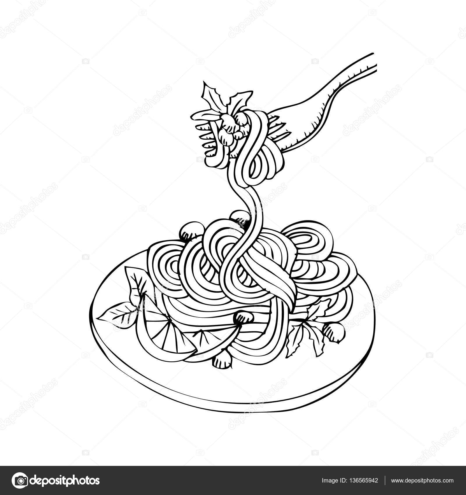 Dessin De Spaghetti Doodle Of Spaghetti And Fork On A Plate. Hand Drawing