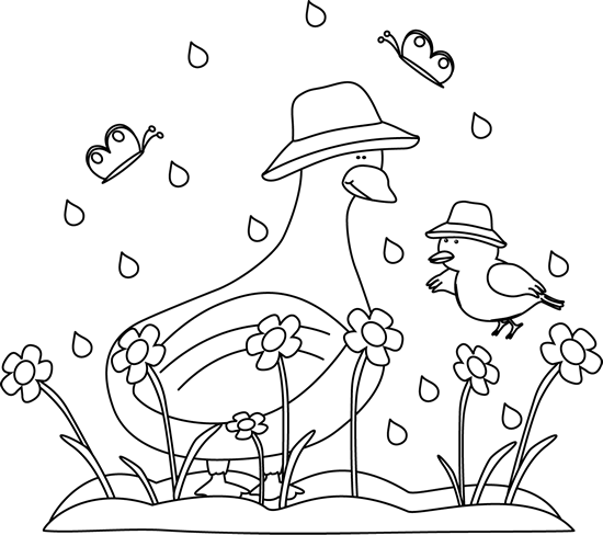 spring clip rainy clipart season drawing bw cliparts outline graphics duck rain flowers butterflies