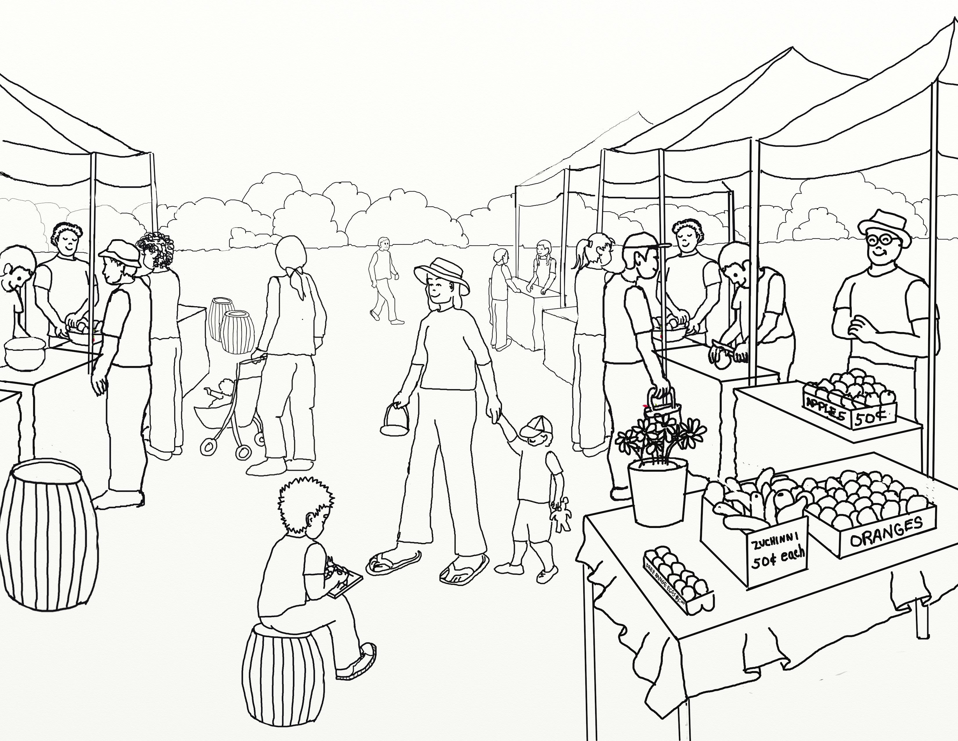 Simple Village Market Drawing Sketch for Adult