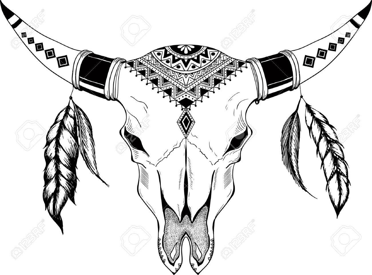Череп буйвола тату в индейском стиле