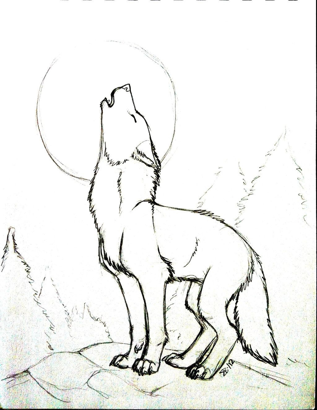 Wolf Howling At The Moon Drawing Outline - bmp-fidgety