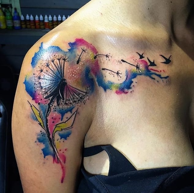 Featured image of post Feminine Watercolor Dandelion Tattoo The flying petals complete the picture while a touch of pink adds color