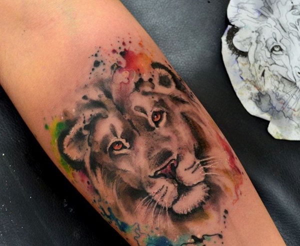 Watercolor Lion Linework Tattoo - wide 1