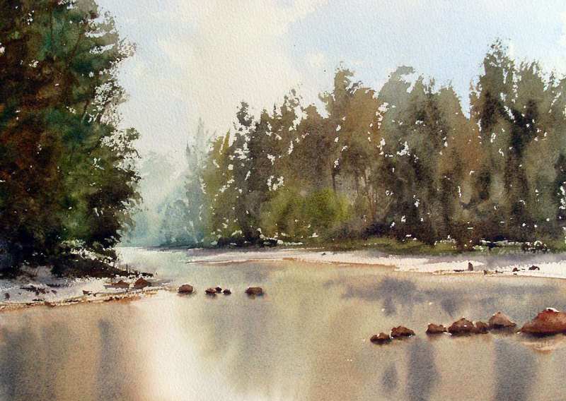 Water color painting: River scene with lots of green and