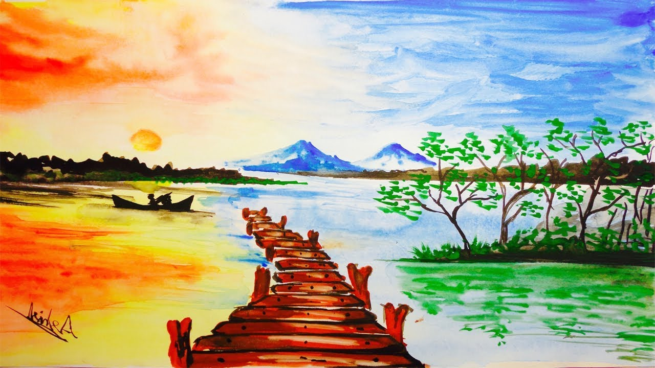 nature easy scenery drawing with watercolor
