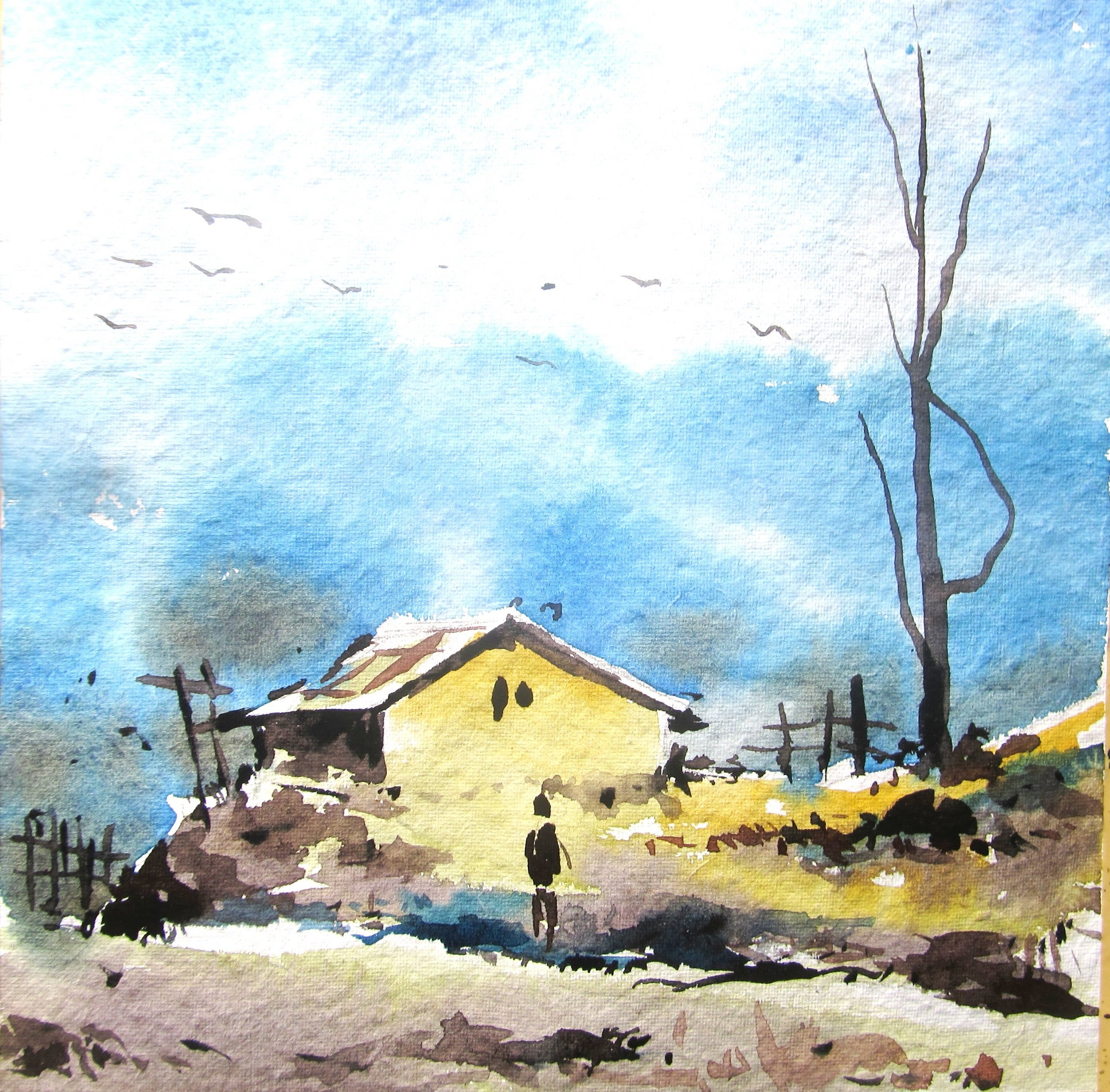 Watercolor Landscape Painting Easy Watercolor Village Scenery - bmp-city