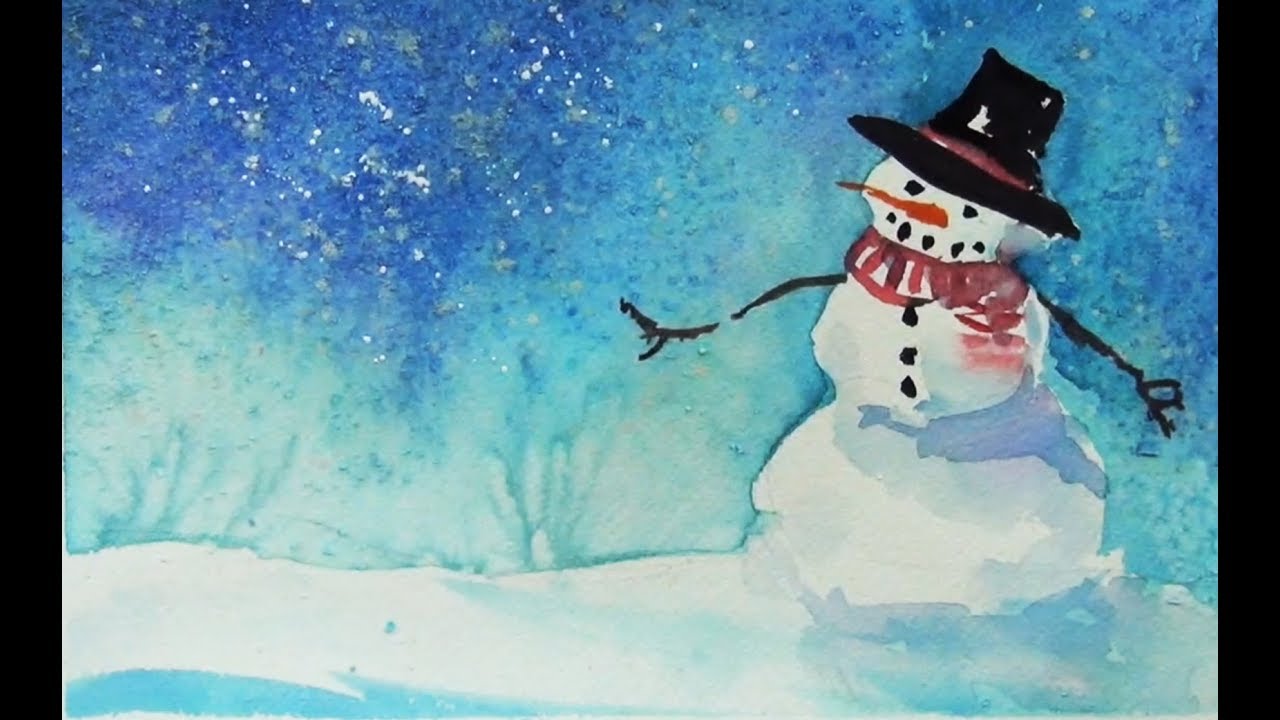 Снеговик и краски акварель