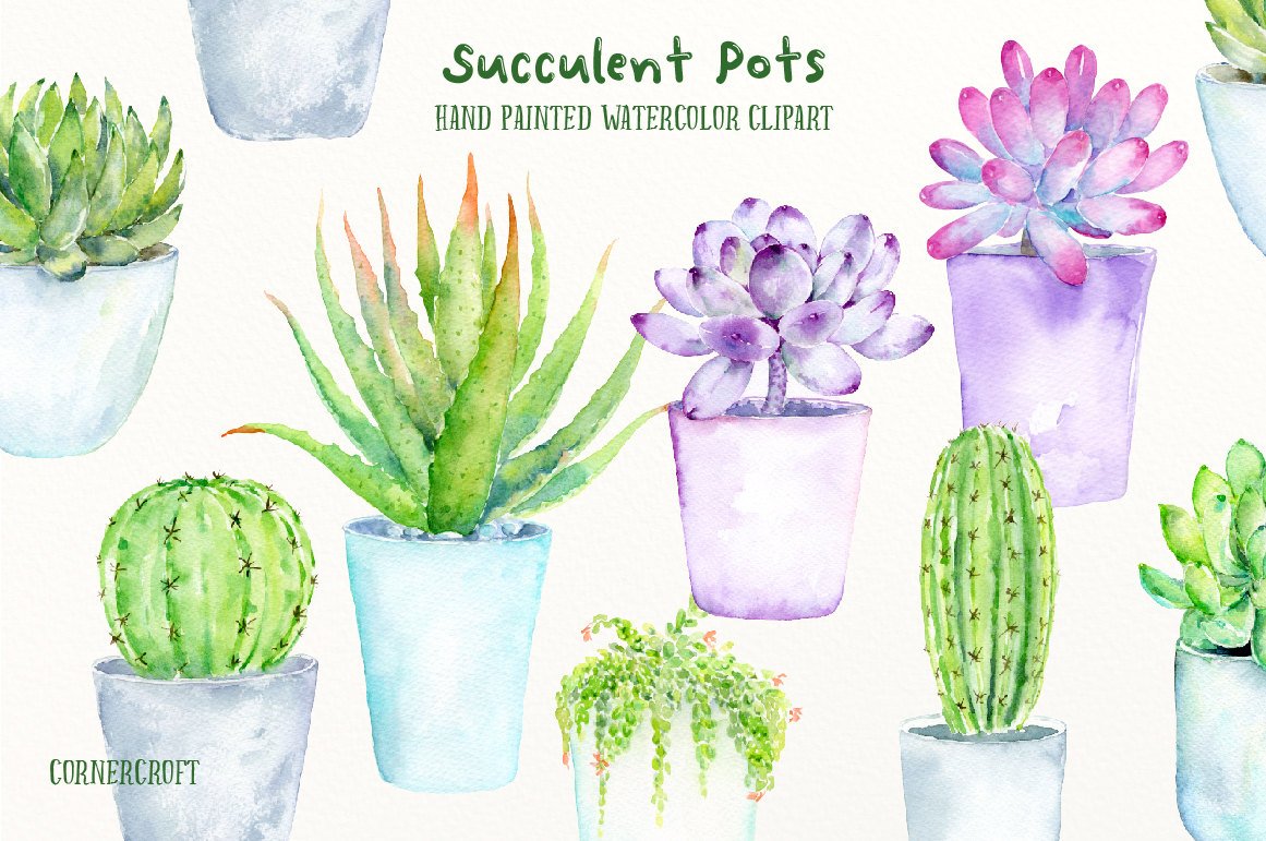 Watercolor clipart succulent plants printable instant download,Watercolor C...