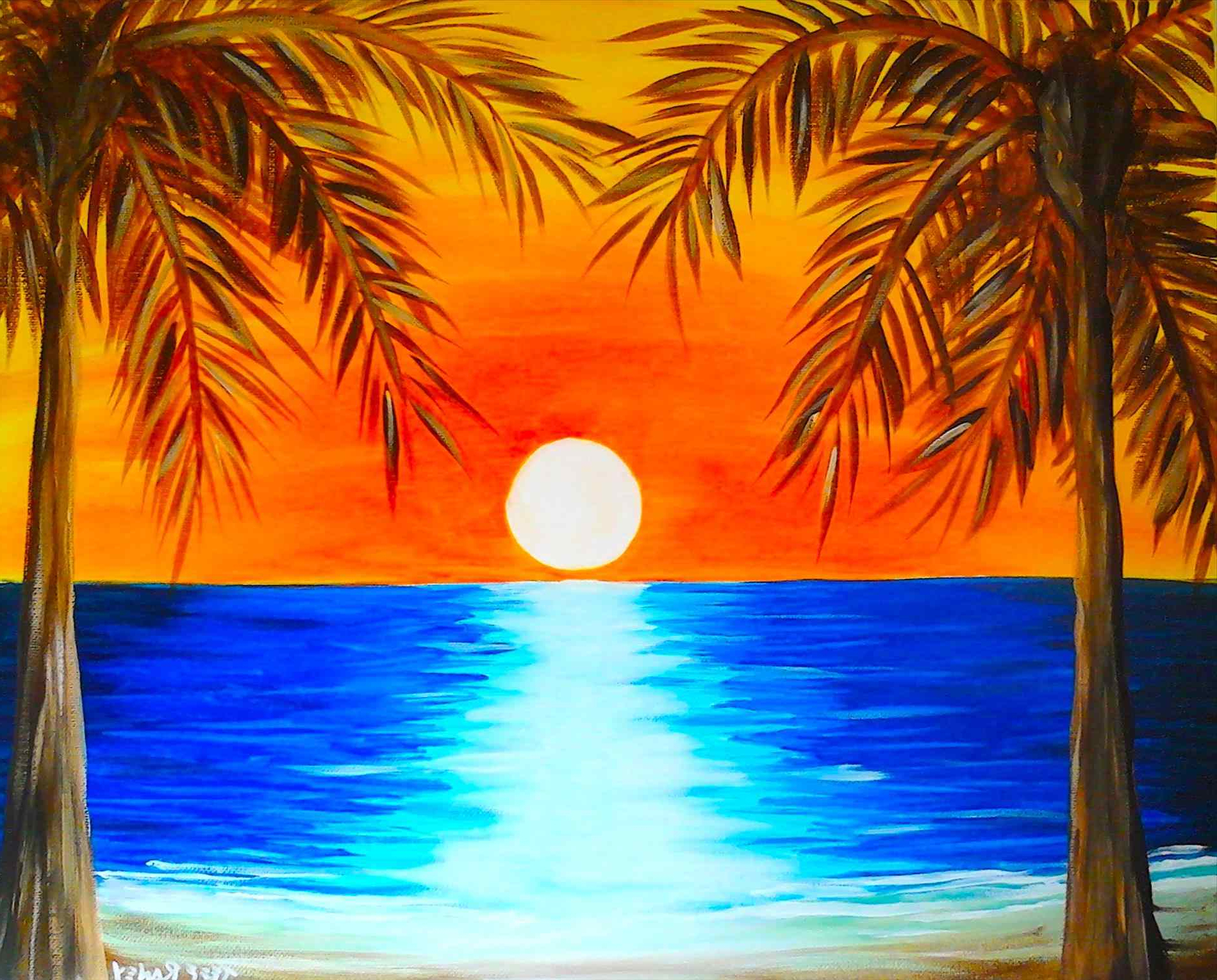 Sunset Painting Easy For Kids : Purple Beach Sunset - Landscape Paint 