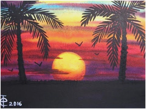 How to paint a sunset with palm trees in watercolor 