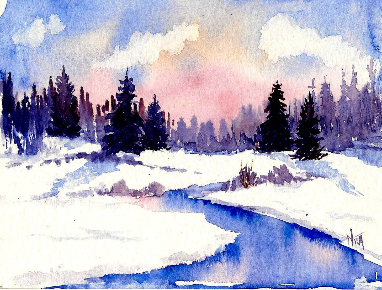 Winter Landscape Watercolor Paintings