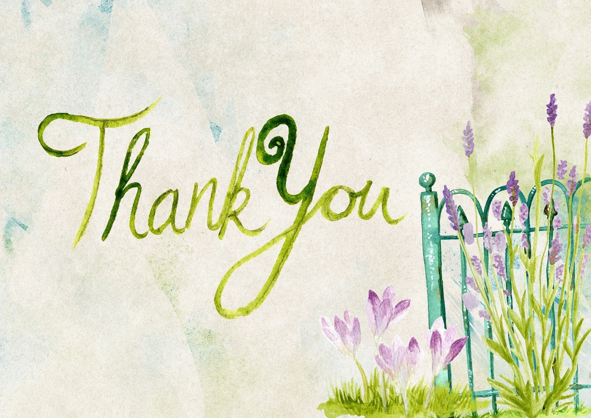 A homemade thank you card in watercolor paints, with a floral country garden design