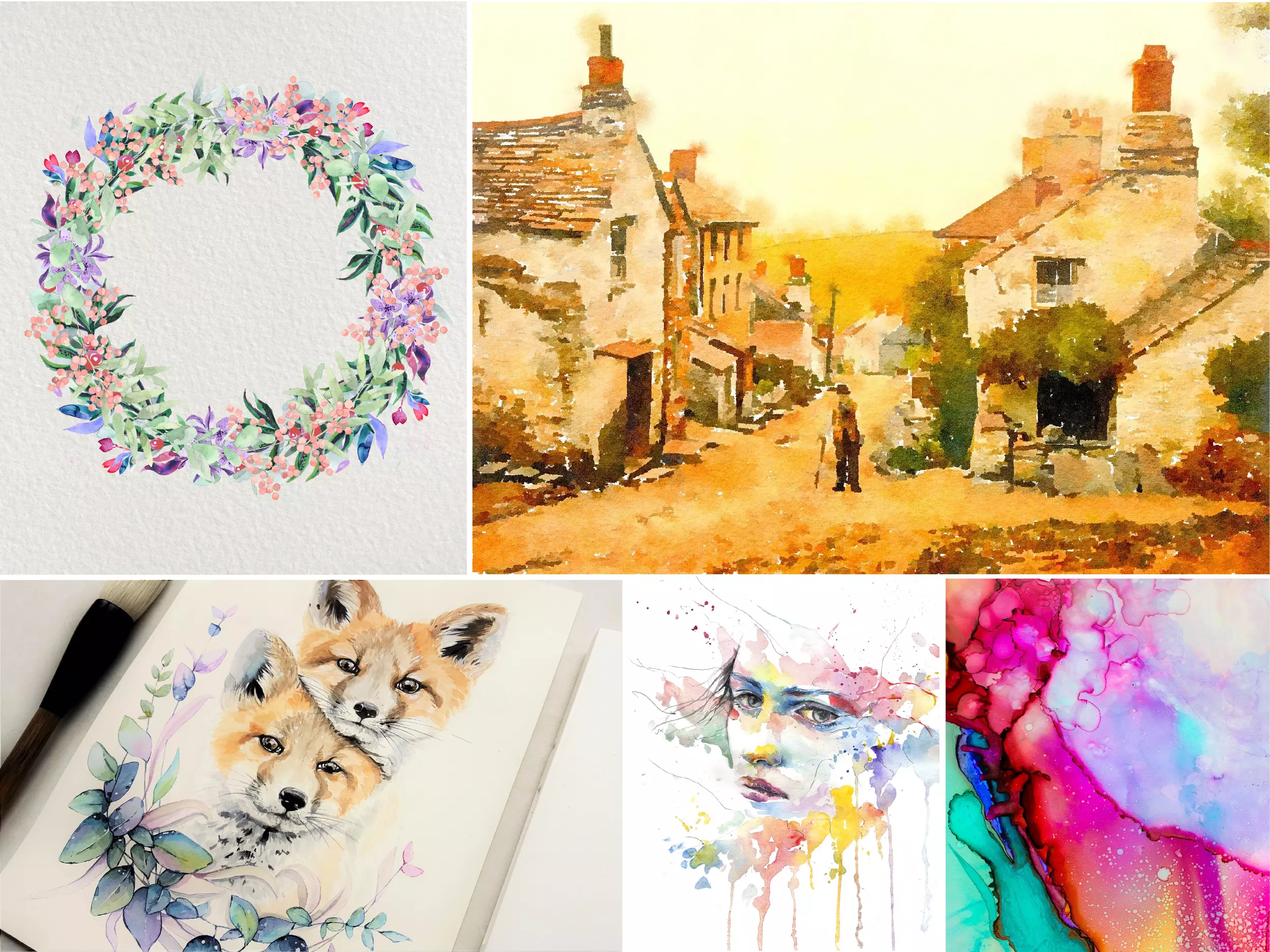 Examples of different water color painting styles, including a floral wreath, countryside landscape with buildings, foxes, an abstract portrait and bright, abstract colors