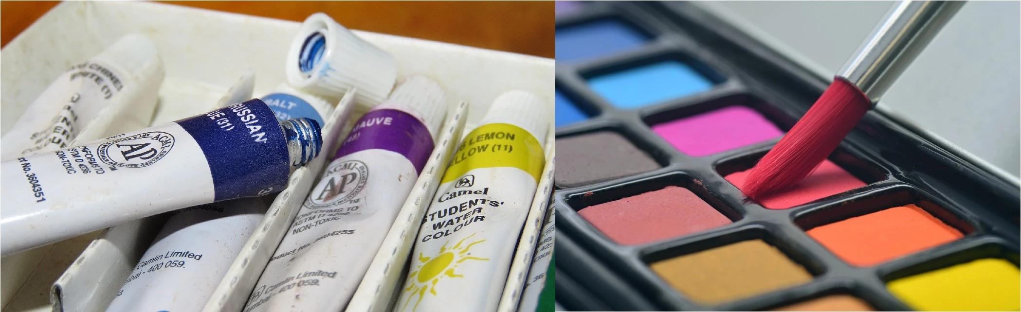 Watercolor paints, available as paste in tubes (left) and solid pans (right)