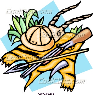 300x307 The Safari With Tiger Skin, Spear And Gun Clip Art