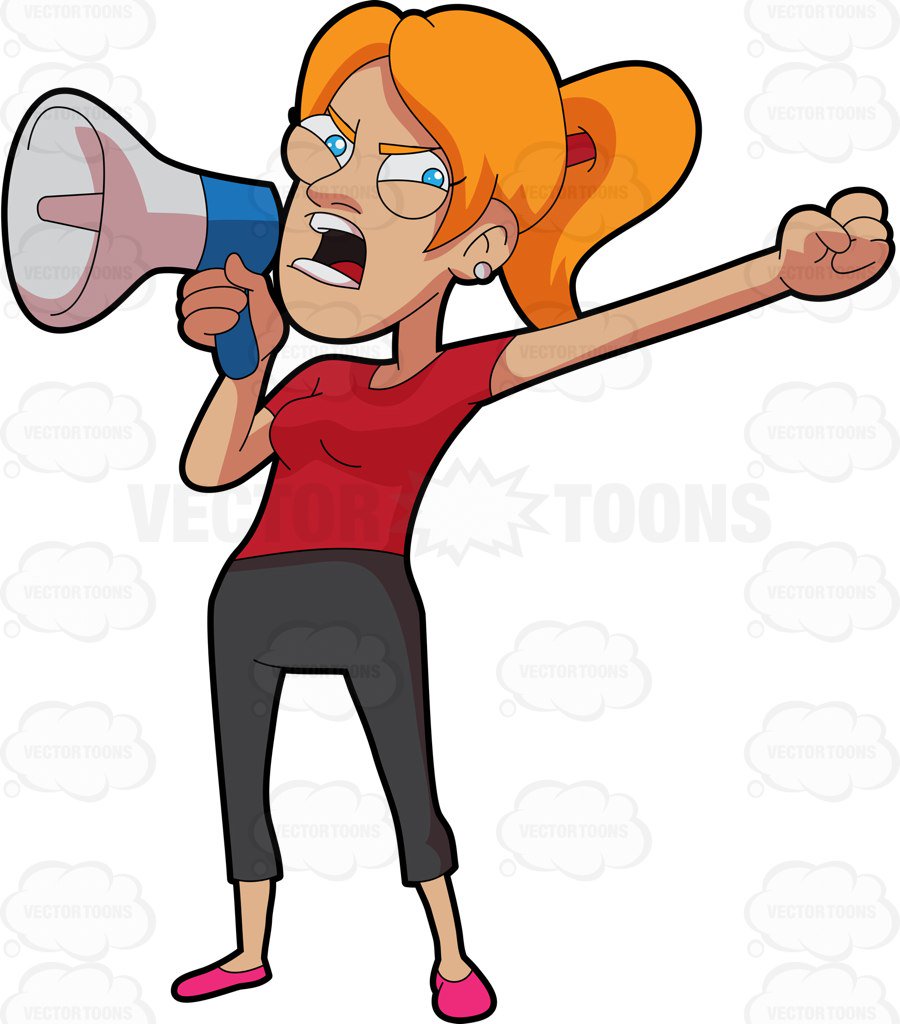 900x1024 An Angry Woman Speaking On The Megaphone Cartoon Clipart Vector