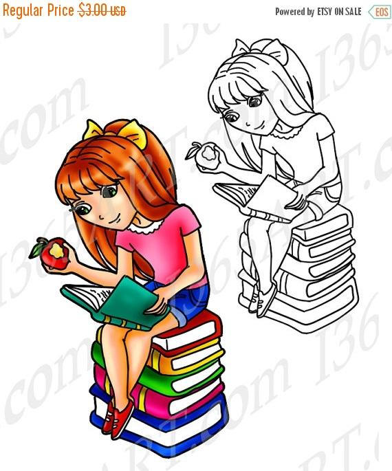 570x685 50% Off Girl Reading Clipart, Girl Reading Clip Art, Digital Stamp