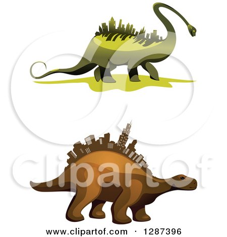 450x470 Clipart Of Green And Brown Dinosaurs With City Skyscrapers